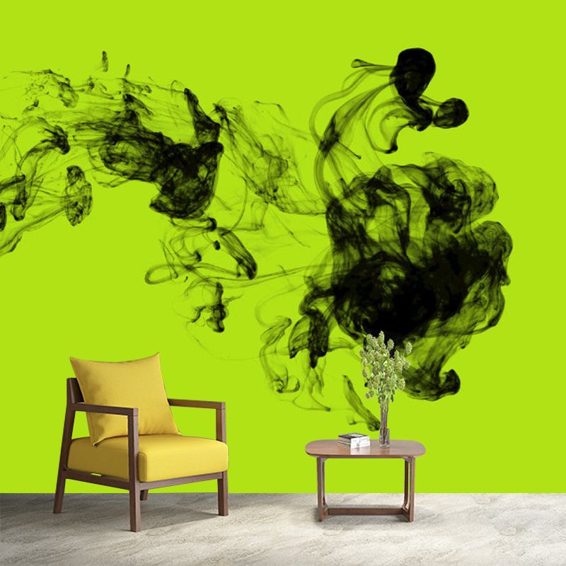 Ink Drops in Water Mural Wallpaper Black-Green Simplicity Wall Decoration for Hallway