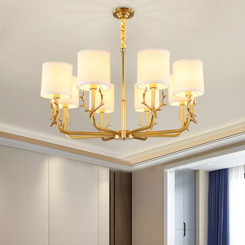 Cylindrical Fabric Chandelier Pendant Light Vintage Living Room Hanging Light with Deer Accent