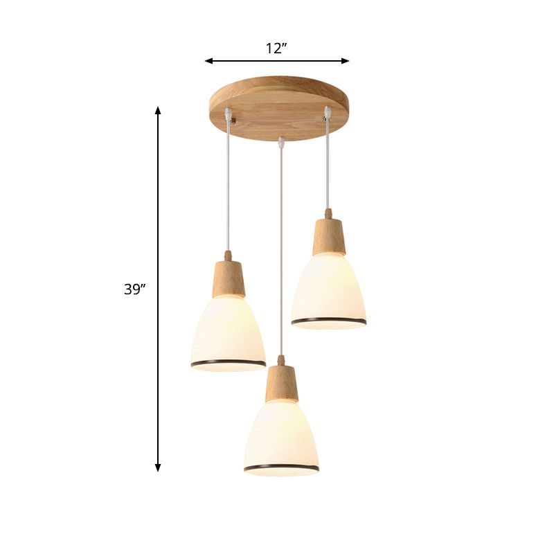 Bell / bol / baril plafond lampe à pendaison nordique en verre ivoire en verre 3-têtes Salle à manger ronde / cluster linéaire cluster en bois en bois