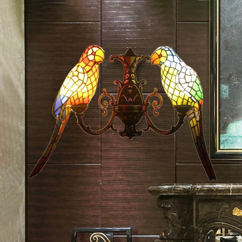 2 Heads Parrots Wall Sconce Light Rustic Lodge Stained Glass Wall Lighting for Living Room