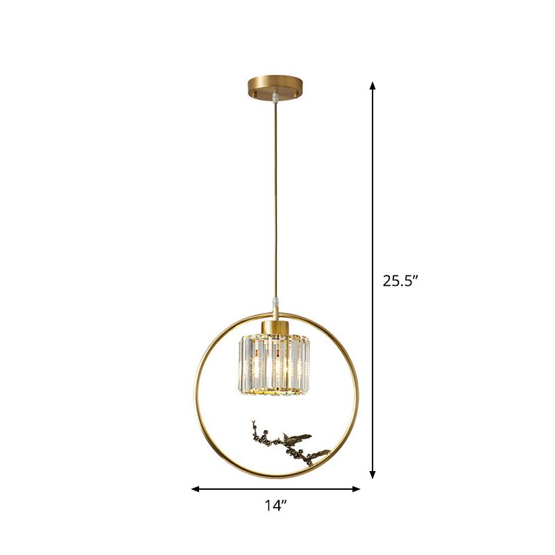 1-Light Crystal Cylinder Down Lighting Modern Gold Circle Dining Room Suspension Pendant with Decorative Bird/Dragonfly