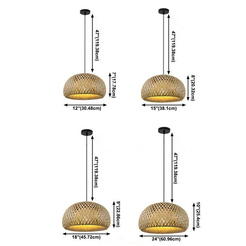 Asian Creative Bowl Pendant Light Wrought Iron Hanging Lamp with Bamboo Weaving Shade