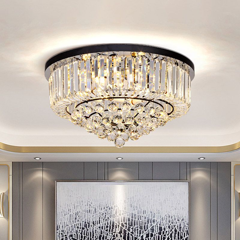 Drum Flush Mount Light Contemporary Tri-Sided Crystal Rod 4/6/9 Heads Black Ceiling Light Fixture, 14"/18"/23.5" Wide