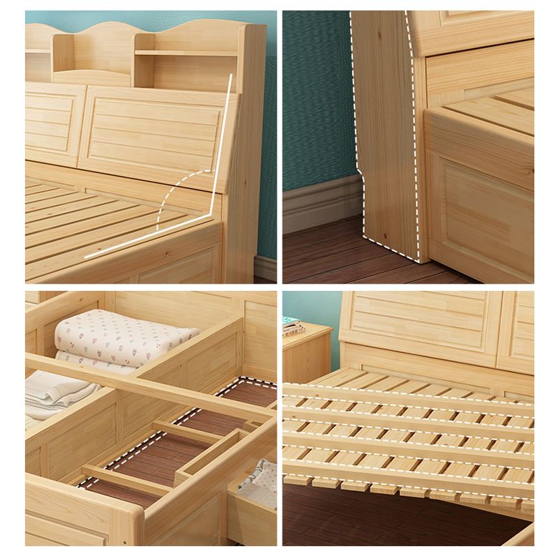 Solid Wood Bed Frame Headboard Standard Bed with Storage in Light Brone