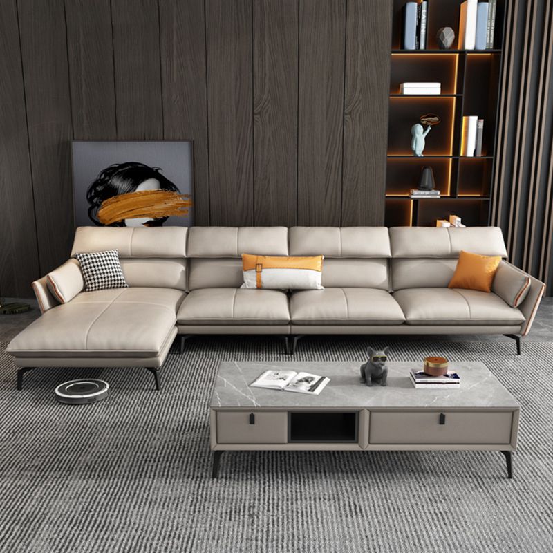 Flared Arm Genuine Leather Sectional 4-seat L-shape Sectional with Pillows