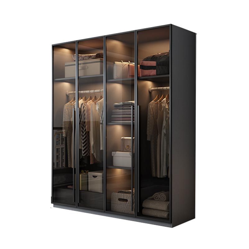 Modern Style Hinged Door Wardrobe for Bedroom Grey Cabinet with Glass Doors