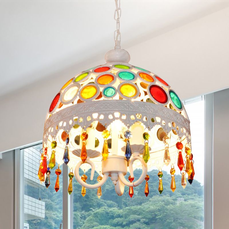 3 luces iluminación de lámpara de domo con lámpara colgante de bohemia de cuentas de cristal múltiples en acabado blanco