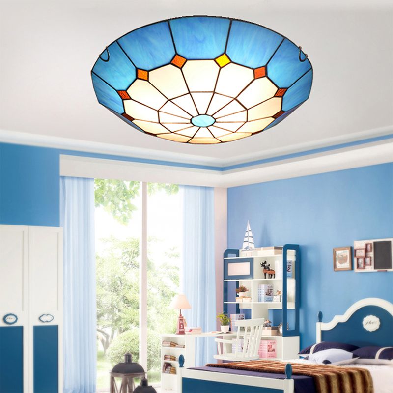 Bowl Flush Mount Lighting Mediterranean Gridded Glass Blue Ceiling Light Flush Mount