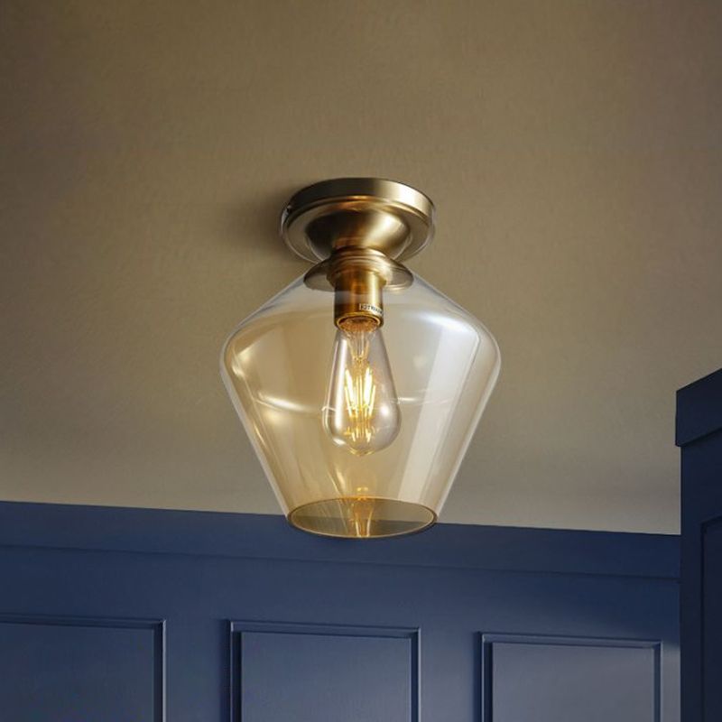 Lámpara de techo de tambor/jarrón con pantalla de cristal ámbar, lámpara de techo contemporánea de 1 luz con acabado de latón