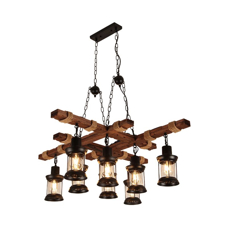 2/6/8 Lights Lantern Pendant Lamp Farmhouse Brown Clear Glass Island Light with Circle/Trapezoid/Crisscrossed Wood Arm