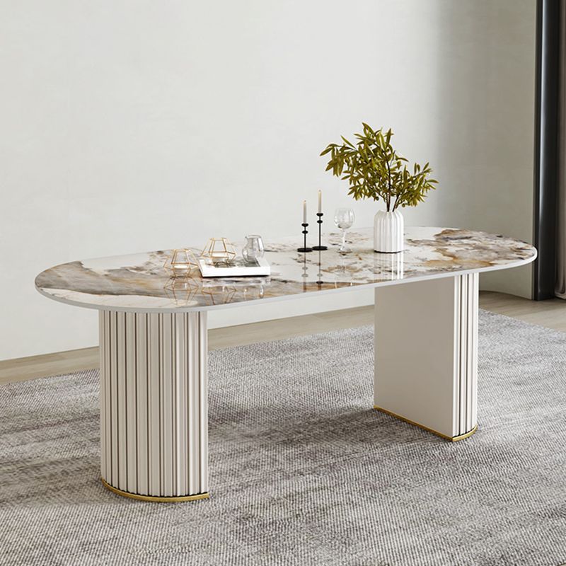 Luxury Sintered Stone Dining Desk Oval Shape Double Base Kitchen Table