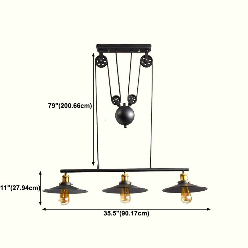 3 Lights Pulley Pendant Industrial Metal Black Hanging Island Light with Flared Shade