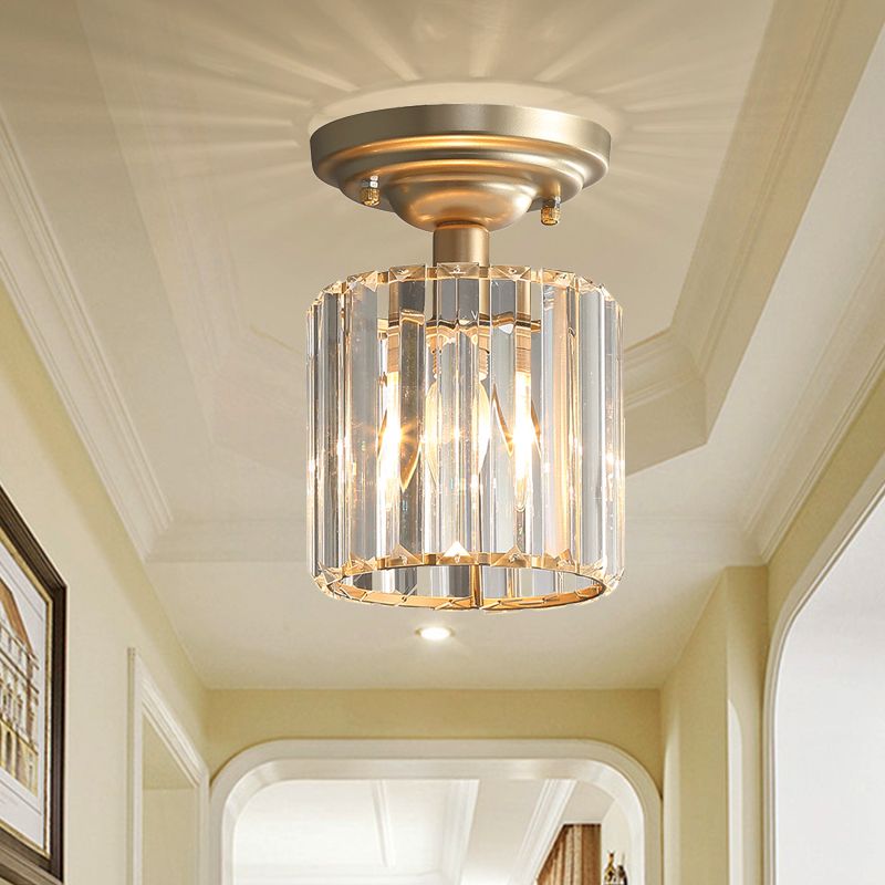 Lámpara de techo de 1 luz de estilo simple con pantalla de bloque de cristal, luz semi empotrada con cilindro dorado