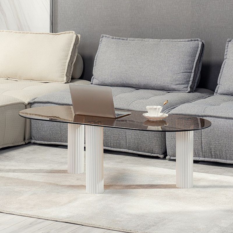 Contemporary Oval Glass Top Coffee Table with 3 Wooden Legs Cocktail Table