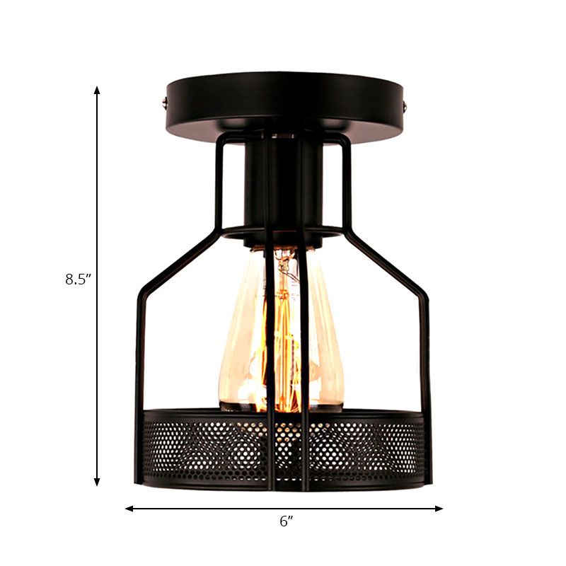 1 Head Cage Semi Flush Mount Light with Mesh Screen Industrial Loft Black Metal Ceiling Lighting for Dining Room