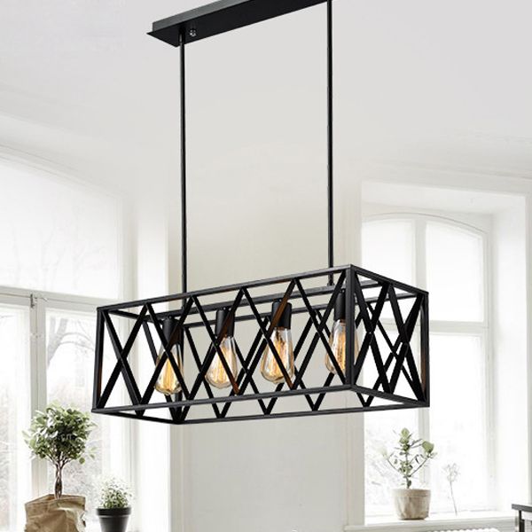Rectangular Shape Pendant Lighting Modern Style Metal 4 Lights Hanging Lamp in Black