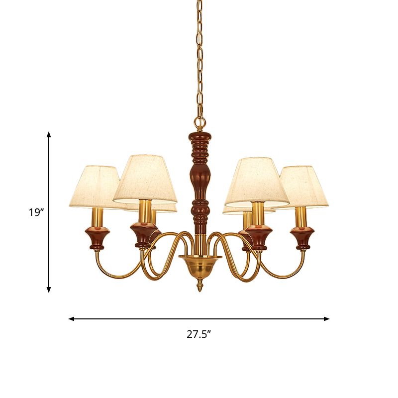 Fabric Conical Hanging Ceiling Light Rural Style 6/8 Heads Living Room Chandelier in White with Curved Arm