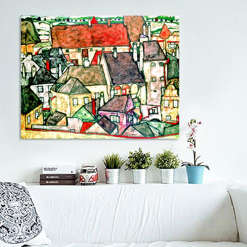 Green Kids Wall Art Decor Egon Schiele Yellow Town Painting Canvas Print for Bedroom
