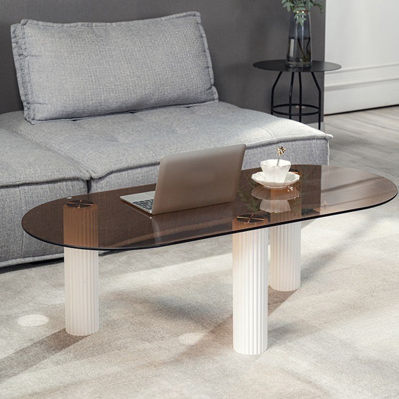 Contemporary Oval Glass Top Coffee Table with 3 Wooden Legs Cocktail Table