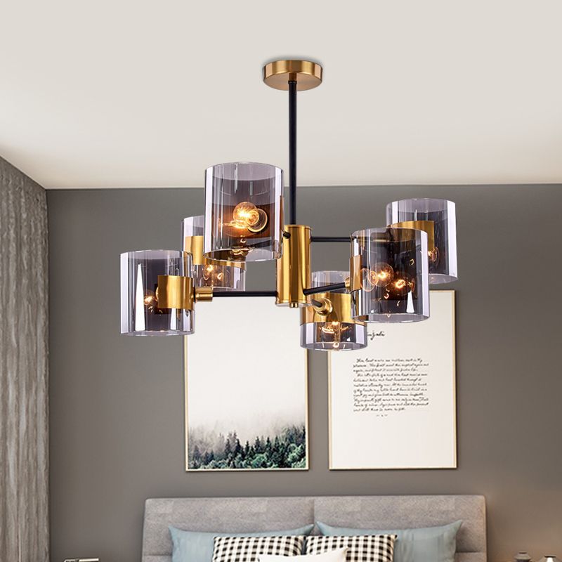2 Tiers Volume Shade Ceiling Lamp Retro Style Smoke Grey Glass 6-Light Dining Table Semi Flush Mount in Gold