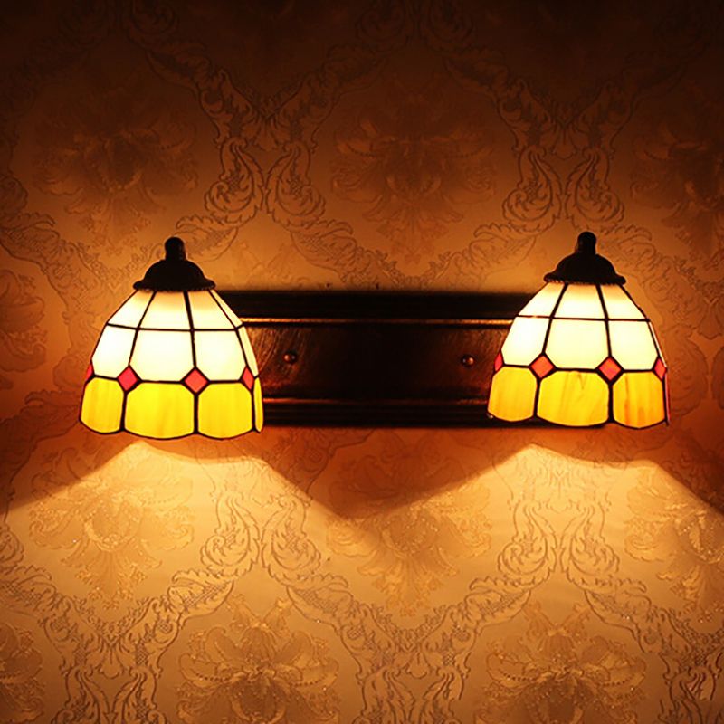 Grid Patterned Sconce Light Baroque Yellow and White Glass 2 Heads Bronze Wall Mounted Light