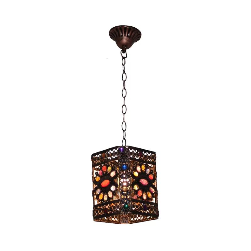 Stained Glass Rust Hanging Light Globe/Rectangle 1 Head Traditional Suspension Lamp for Dining Room
