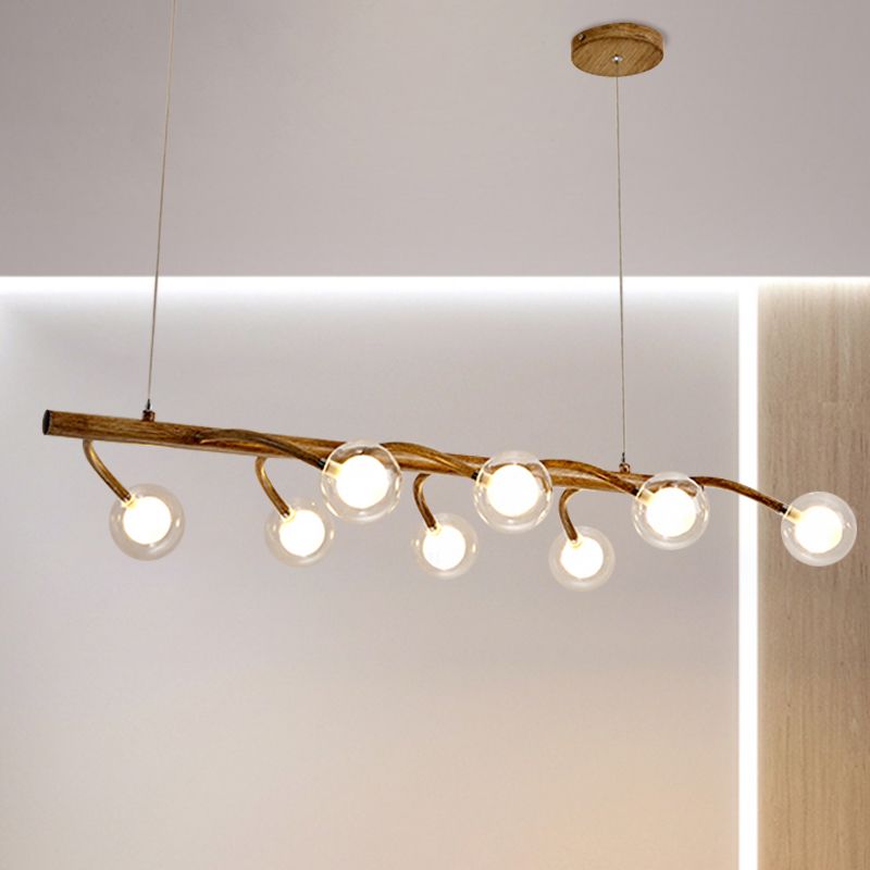 Branching Dining Hall Drop Pendant Industrial Wooden 6/8-Head Brown Island Chandelier with Modo Clear Glass Shade
