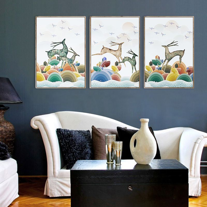 Children's Art Reindeer Painting Cartoon Animals White Wall Decor, Set of Three