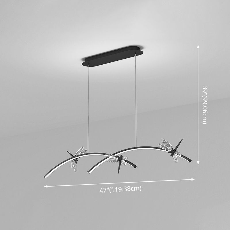Curve Linear LED Island Pendant Minimalist Metal Restaurant Ceiling Light with Dragonfly Decor