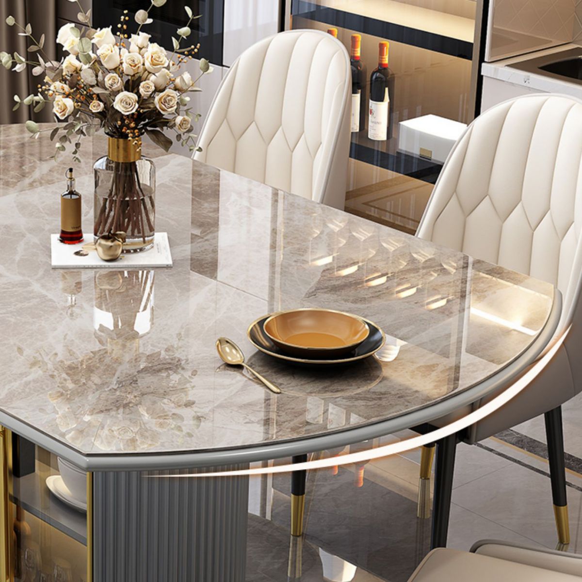 5/7 Pcs Contemporary Stone Round Shape Dinette Table with Upholstered Chair