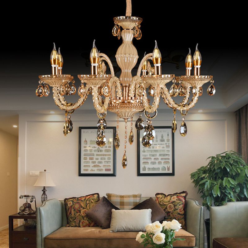 Traditional Metal Hanging Chandelier Light Candelabra Suspension Light with Crystal for Bedroom