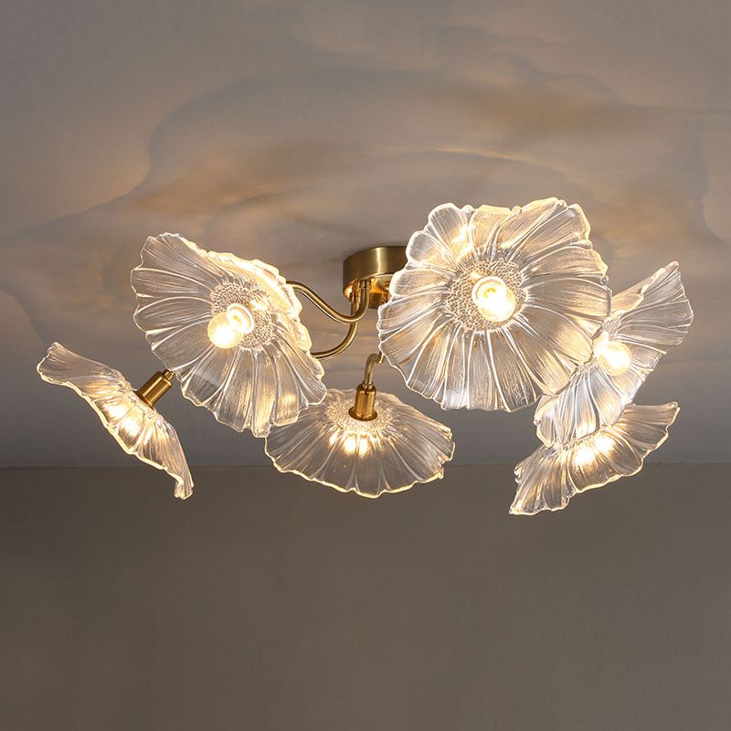 Lámpara de semi rascijada de metal dorado iluminación de techo de flores múltiples modernas con sombra de vidrio