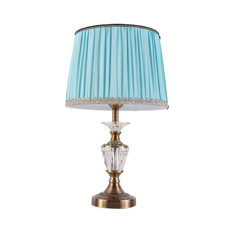 Drum Shade Crystal Reading Light Modernism Fabric 1 Head Nightstand Lamp in Blue/Beige