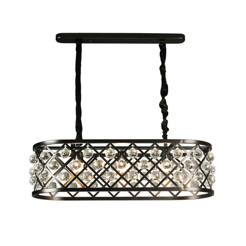 3 Lights Dining Room Chandelier Lamp with Oval Crystal and Metal Shade Vintage Black Ceiling Light