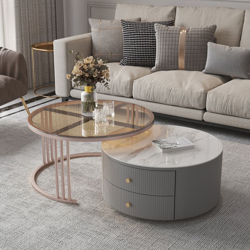 Modern Cocktail Table Round Glass / Slate Coffee Table with Storage