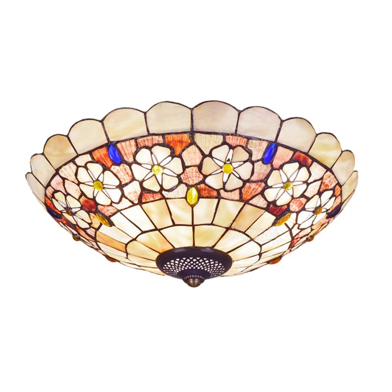 12"/21" Dia 3/4-Light Flush Mount Lamp Tiffany Bowl Shell Ceiling Fixture with Blossom Pattern in Beige