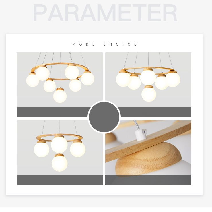Wooden Circle Chandelier Nordic Style Hanging Light with Ball White Glass Shade