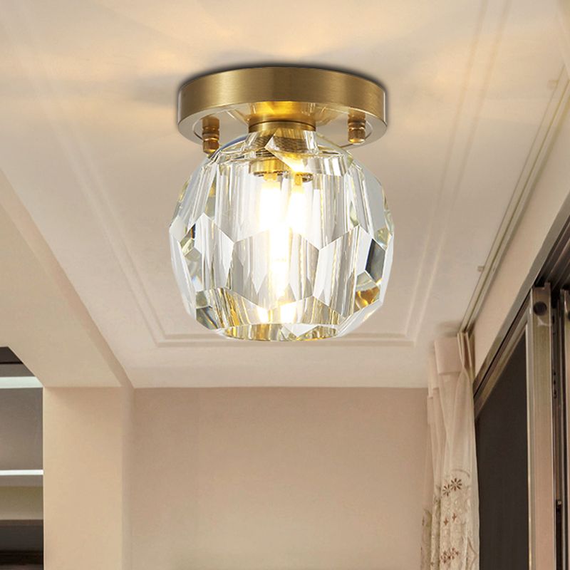 Lámpara de techo de latón con pantalla de cristal facetado contemporáneo, montaje empotrado, 1 luz, para pasillo