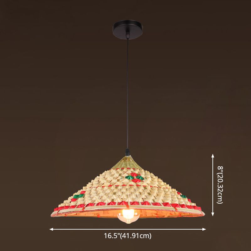 Asian Inspired Farmers Hat Pendant Bamboo Woven 1 Head Diner Ceiling Lamp in Wood