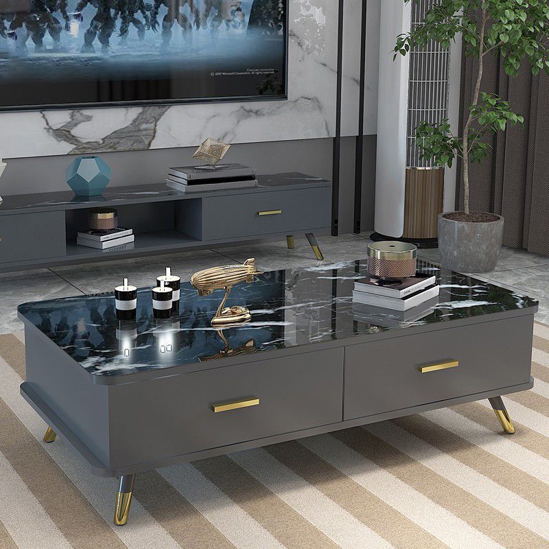 Contemporary Glass Top Coffee Table with 2 Drawers and 4 Legs