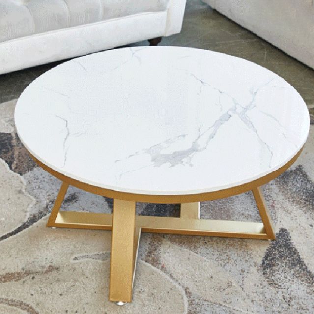 Round Marble Top Cocktail Table with Iron Cross Base Coffee Table