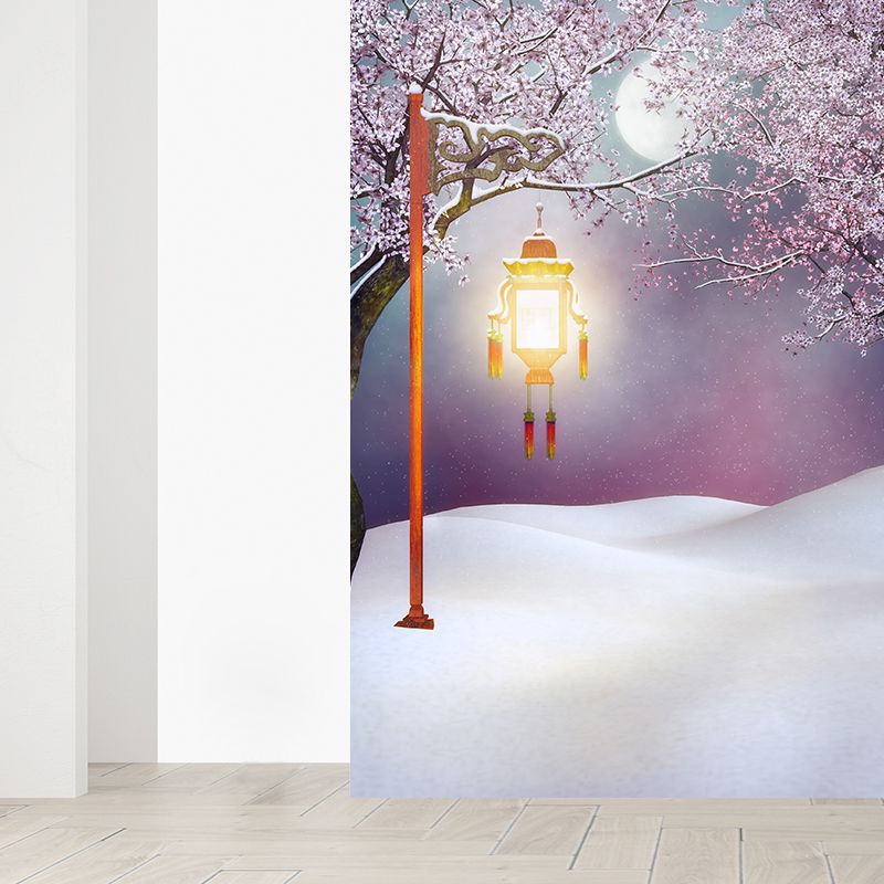 Huge Snowfield and Streetlamp Mural for Bathroom Winterscape Wall Art in Pink, Moisture Resistant