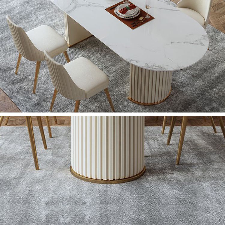 Mesa de comedor ovalada moderna de metal mesa de piedra sinterizada blanca con pedestal doble