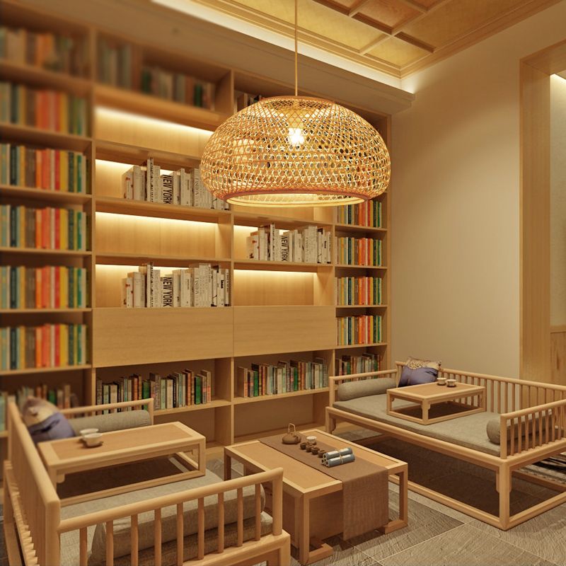 Handcrafted Suspension Pendant Contemporary Bamboo 1 Bulb Wood Hanging Light Kit, 16"/23.5" Wide