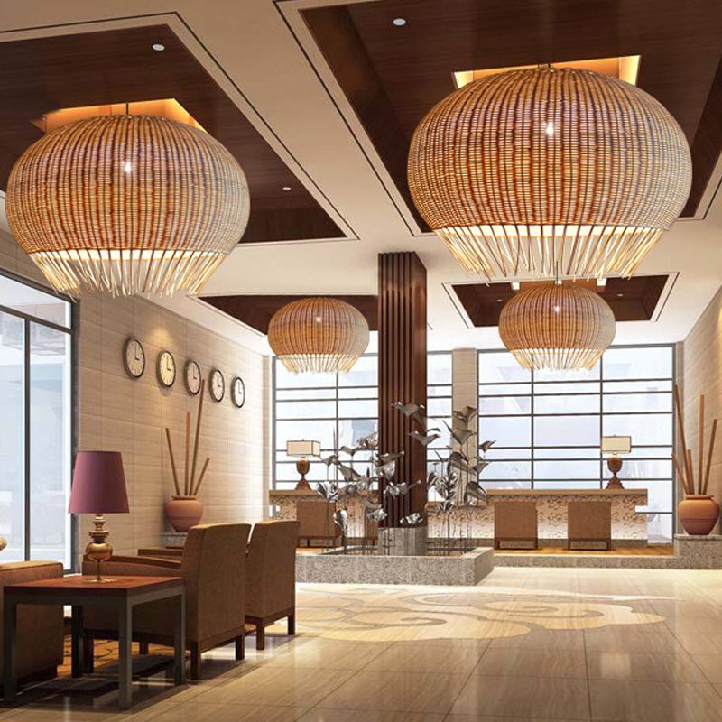 Sphere Esshalle Hanging Anhänger Bambus 1 Glühbirnen -Asien -Suspensionsbeleuchtung mit Fransen in Beige