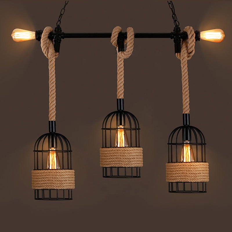 3 - Light Industrial Kitchen Island Lighting Metal & Hemp Rope Ceiling Fixture in Black