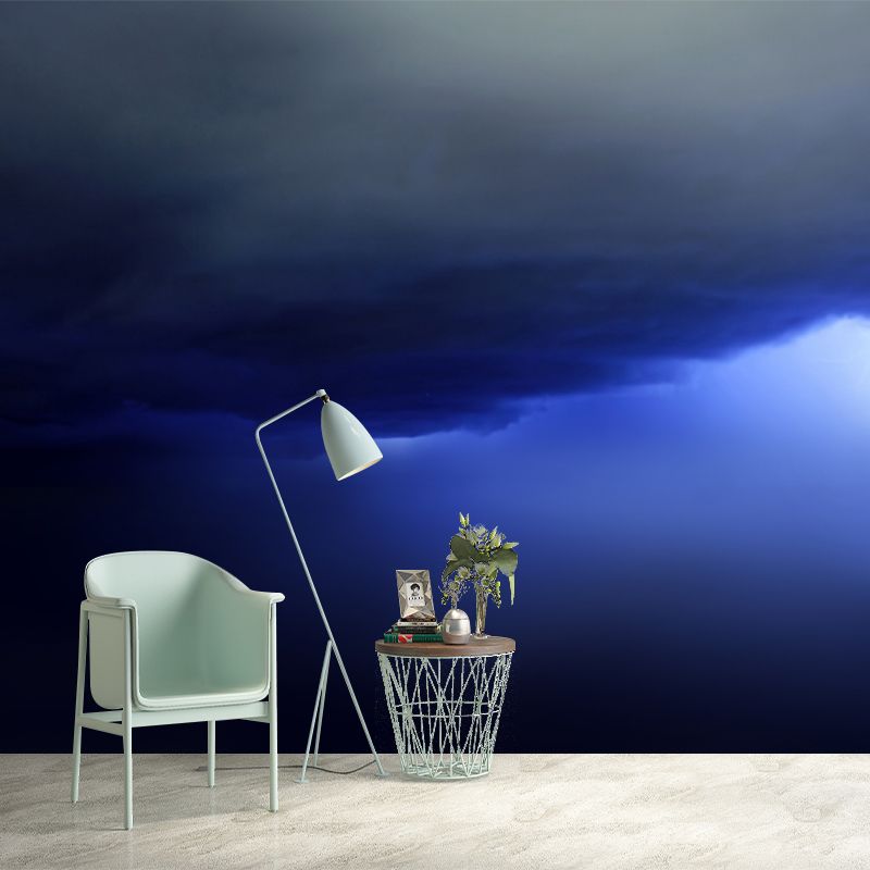 Lightning Strike from Clouds Mural Blue-Black Modern Wall Art, Custom Size Available