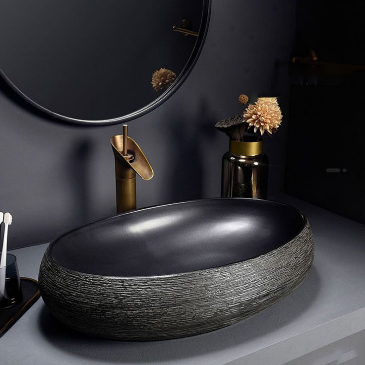 Modern Bathroom Sink Black Oval Ceramic Bathroom Sink with Faucet