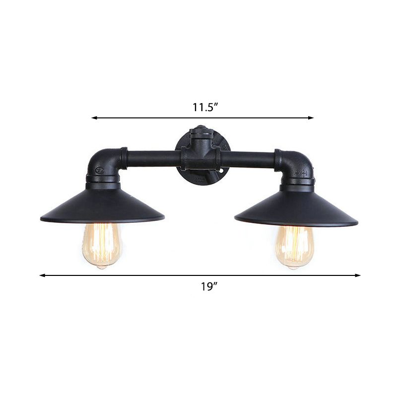 Black Flared Shade Wall Lamp Fixture Industrial Metal 2 Bulbs Dining Room Sconce Lighting with Pipe