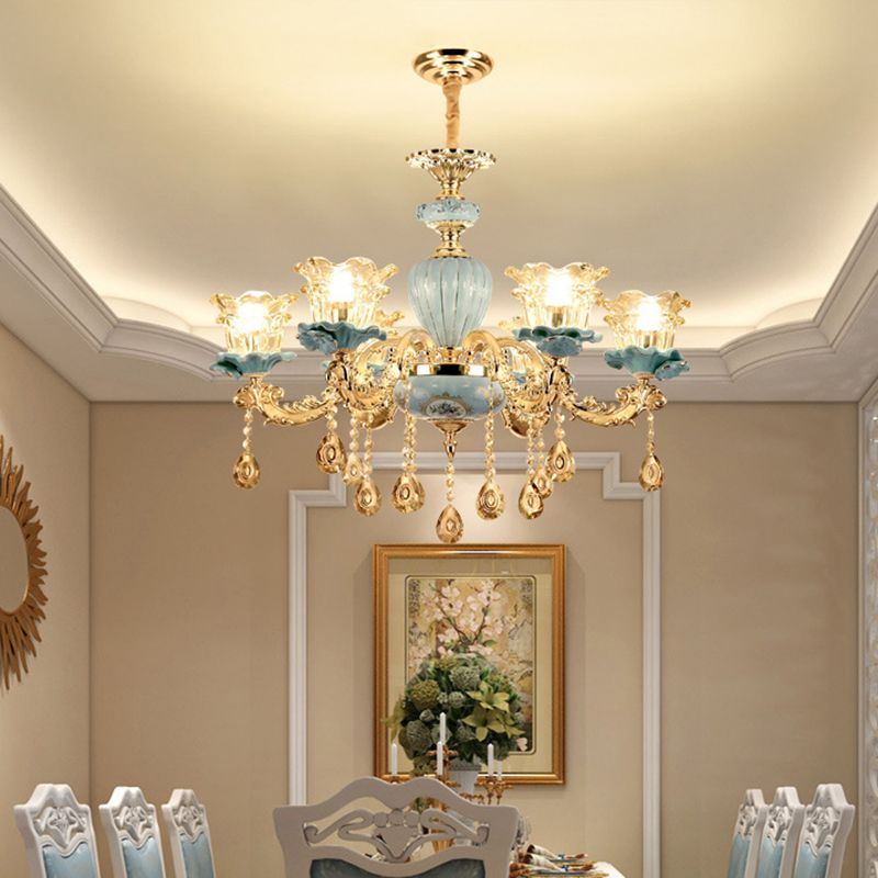 Blue Chandelier Lighting Classic Handblown Glass Ruffle Floral Pendant Light with Crystal Accent